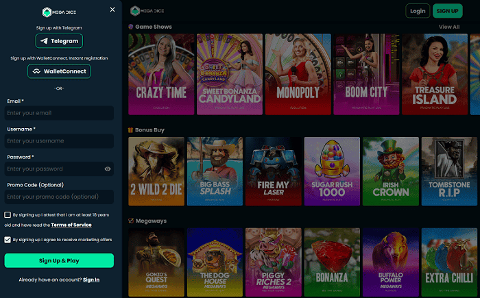 Mega Dice no deposit bonus 