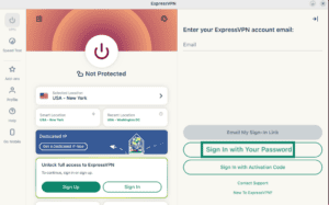 "Sign In with Your Password" option highlighted in the ExpressVPN Linux app.