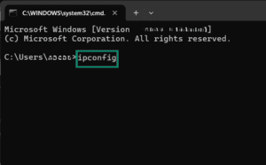 The Command Prompt window on Windows, showing the "ipconfig" command.