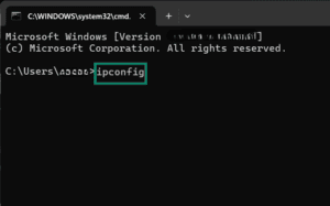 The Command Prompt window on Windows, showing the "ipconfig" command.