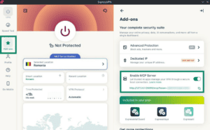 The "Add-ons" tab in the ExpressVPN app for Linux, with a highlighted "Enable MCP Server" option.