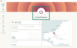 The ExpressVPN UI, highlighting the button to connect to a server.