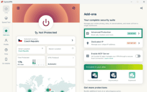 ExpressVPN Windows Add-ons dashboard displaying available security features, with the "Advanced Protection" option highlighted in a green box.