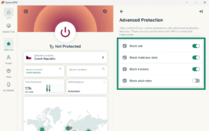 ExpressVPN Windows Add-ons dashboard displaying available security features, with the "Advanced Protection" option highlighted in a green box.