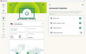 ExpressVPN desktop application interface with a Czech Republic location selected and the Advanced Protection settings menu open.