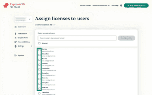 ExpressVPN for Teams page for assigning licenses to users. The check boxes next to available users are highlighted.