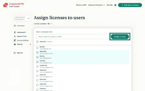 ExpressVPN for Teams page for assigning licenses to users, showing a highlighted "Assign users" button.