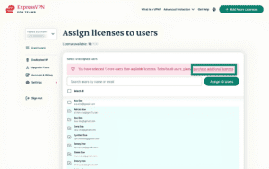 ExpressVPN for Teams page for assigning licenses to users, showing a highlighted "purchase additional licenses" option.