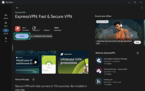Google Play Store page for ExpressVPN, with the "Install" button highlighted in a green box.