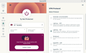 ExpressVPN Linux app showing the various VPN protocols users can choose.