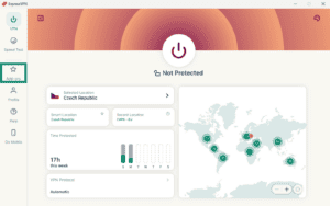ExpressVPN Windows dashboard, with the "Add-ons" icon highlighted in a green box.