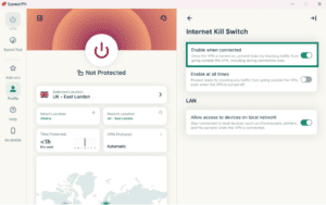 Windows ExpressVPN app interface with the Enable when connected highlighted.