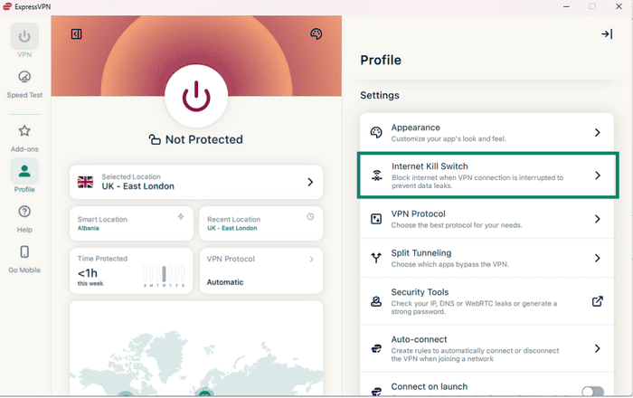 Windows ExpressVPN app interface with the Internet Kill Switch highlighted.
