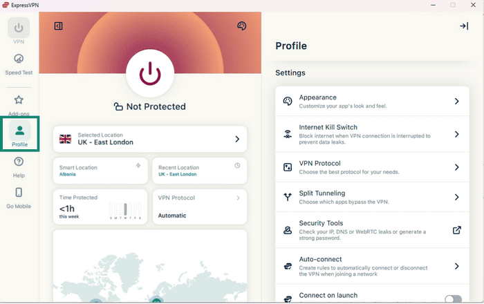 Windows ExpressVPN app interface with the Profile icon highlighted.