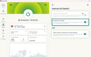 Windows ExpressVPN app interface with Enable at all times highlighted.