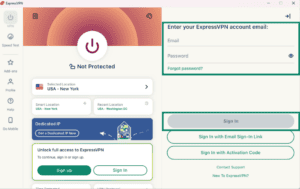 ExpressVPN app sign-in screen with email and password fields