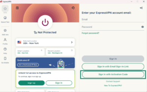 ExpressVPN app showing the Sign in with Activation Code option