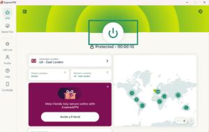 ExpressVPN app showing Protected status with disconnect button highlighted