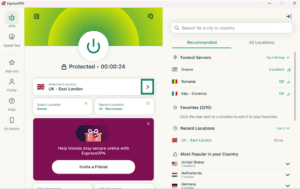 ExpressVPN app with location selector dropdown open