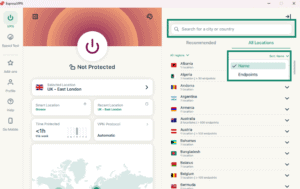 ExpressVPN location list with search bar and sort options visible