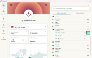 ExpressVPN app Server location list with star icon to add location to Favorites