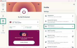 ExpressVPN settings screen with VPN Protocol option selected