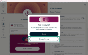Confirmation popup asking to change VPN protocol in the ExpressVPN app