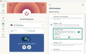 The Lightway Turbo option in the ExpressVPN app for Windows under the Lightway - UDP protocol.