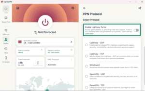 ExpressVPN app VPN Protocol settings with Enable Lightway Turbo toggle