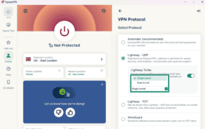 The Lightway Turbo Single tunnel and Dual Tunnel options in the ExpressVPN for Windows.
