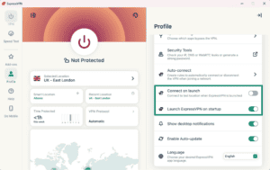 ExpressVPN Profile settings showing Connect on launch and Launch on startup toggles