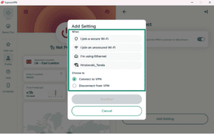 ExpressVPN Auto-connect Add Setting popup with network and action options
