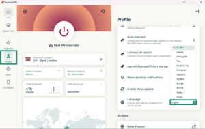 ExpressVPN Profile settings with Language dropdown selected