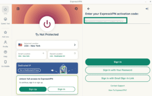 ExpressVPN Linux app showing the activation code field and the "Sign In" button.