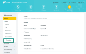 TP-Link router admin panel with Routing highlighted in Network settings.