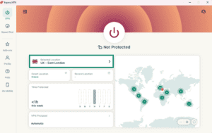 ExpressVPN Windows app interface, showing the VPN tab. The server location widget is highlighted.