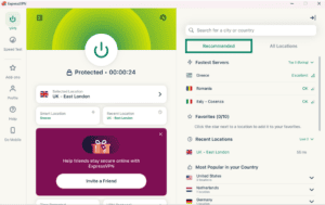 ExpressVPN Windows app interface, showing a list of server locations. The "Recommended" tab is highlighted.
