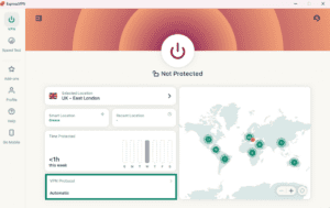 ExpressVPN Windows app interface, showing the VPN tab and a highlighted VPN protocol widget.