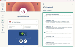 ExpressVPN Windows app interface, showing the VPN protocol tab. Several VPN protocols are highlighted.