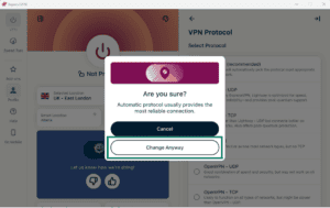 ExpressVPN Windows app interface, showing the VPN protocol tab and a popup message. The "Change Anyway" button is highlighted.