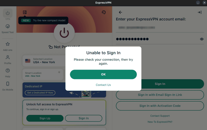 ExpressVPN app showing the "Unable to Sign In" notification and instructions to check the internet connection.