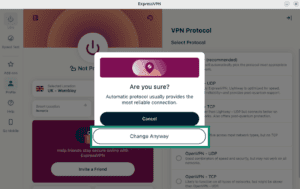 ExpressVPN Linux app showing the"Change Anyway" option highlighted for the VPN protocol.