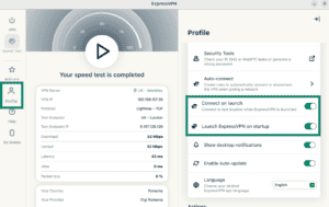 ExpressVPN Linux app showing the "Connect on Launch" and "Launch ExpressVPN on startup" options highlighted.