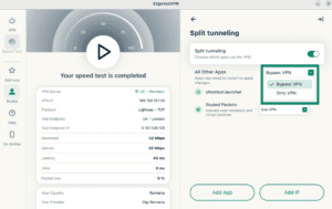 ExpressVPN Linux app showing the "Bypass VPN" and "Only VPN" options highlighted for split tunneling.