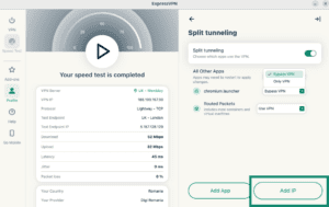 ExpressVPN Linux app showing the "Add IP" option highlighted for split tunneling.