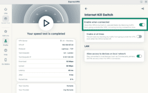 ExpressVPN Linux app showing the "Enable when connected" toggle switched on for the internet kill switch feature.