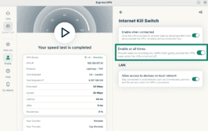 ExpressVPN Linux app showing the "Enable at all times" toggle switched on for the internet skill switch feature.