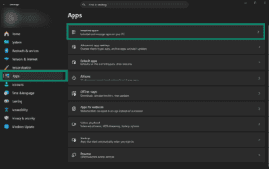 Windows 11 Settings window showing the navigation sidebar with "Apps" highlighted, and the "Installed apps" option highlighted inside a teal box.