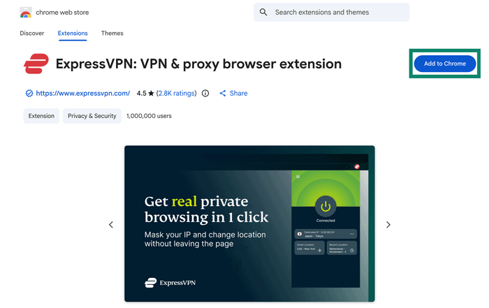 Chrome Web Store page for the ExpressVPN browser extension with Add to Chrome highlighted.