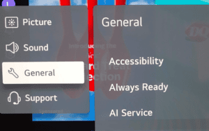 LG TV settings screen with General selected.